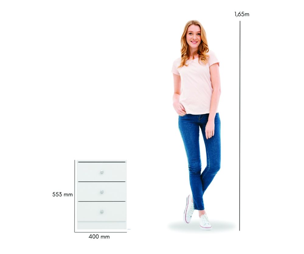  Seconique Furniture Denver White Gloss 3 Drawer Bedside
