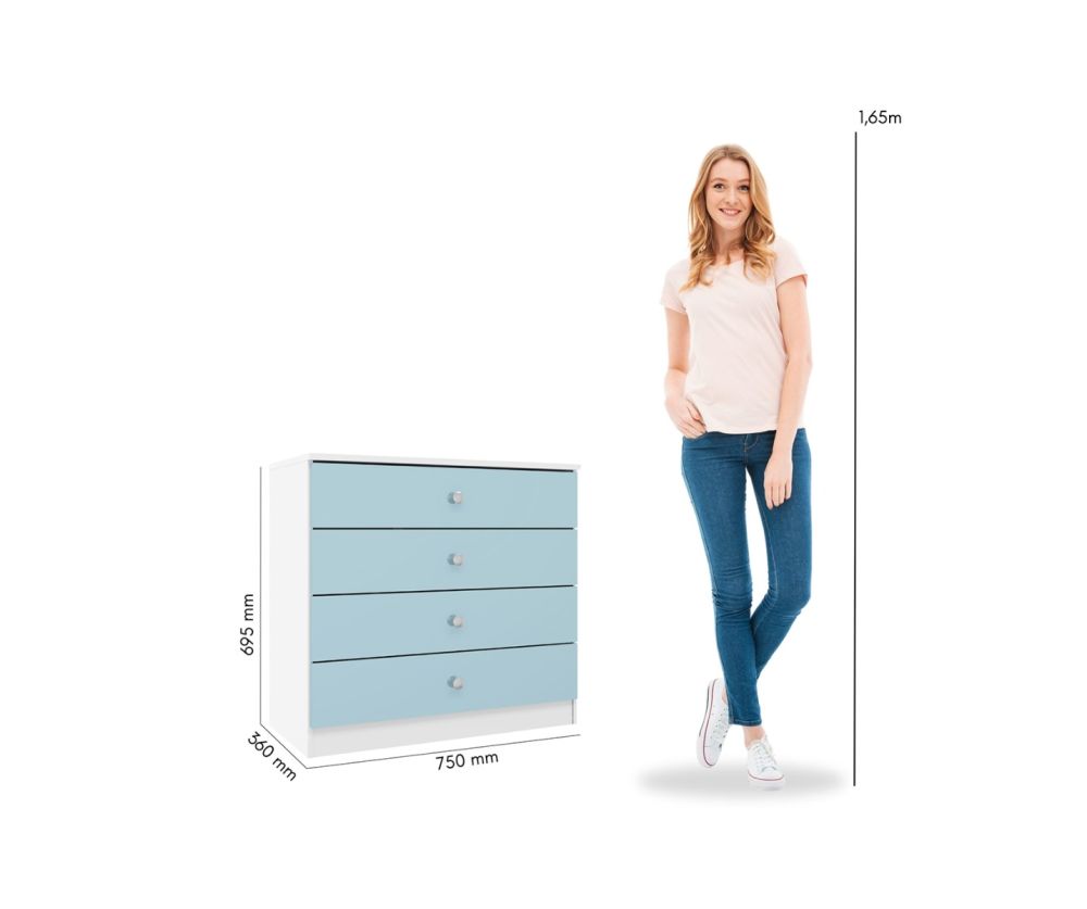  Seconique Furniture Denver White and Blue Gloss 4 Drawer Bedside