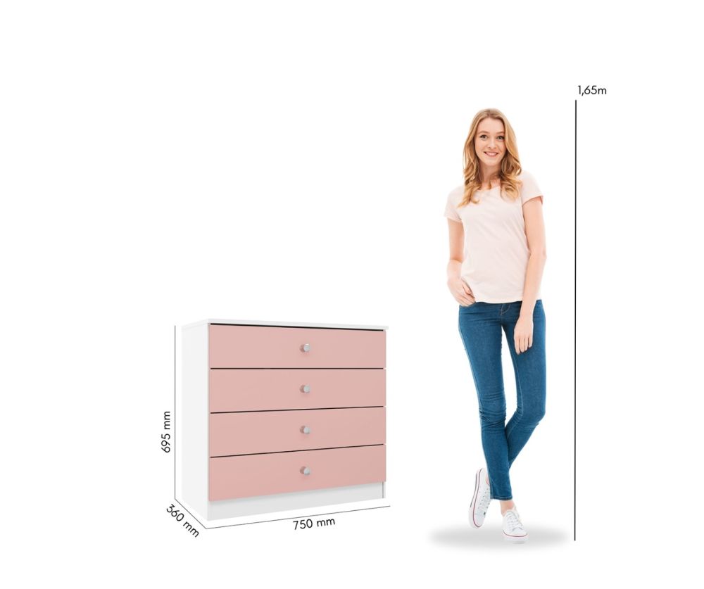 Seconique Furniture Denver White and Pink Gloss 4 Drawer Chest 