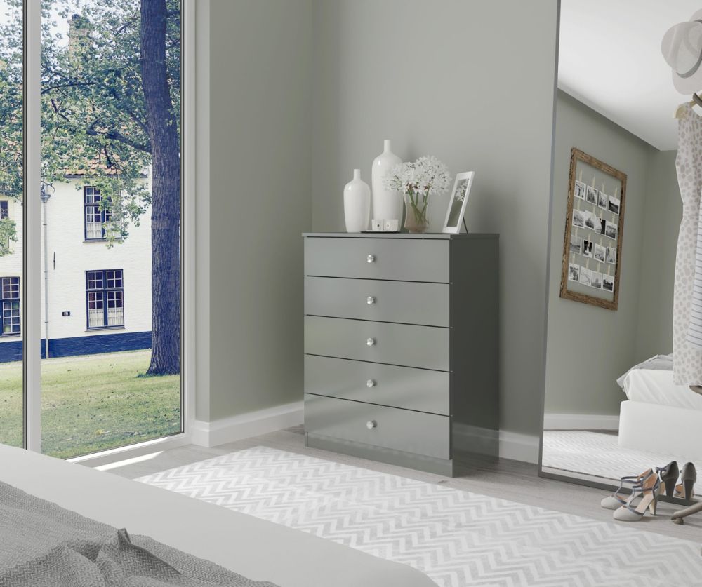  Seconique Furniture Denver Grey Gloss 5 Drawer Chest