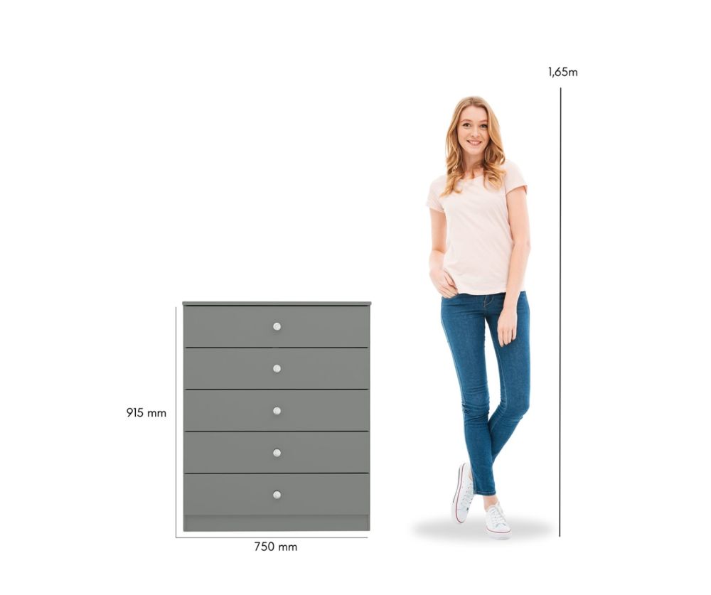  Seconique Furniture Denver Grey Gloss 5 Drawer Chest