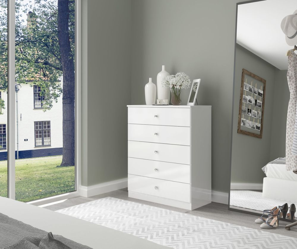  Seconique Furniture Denver White Gloss 5 Drawer Chest