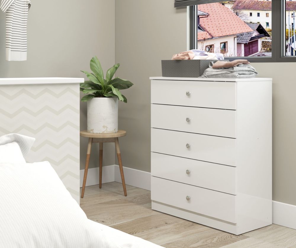  Seconique Furniture Denver White Gloss 5 Drawer Chest