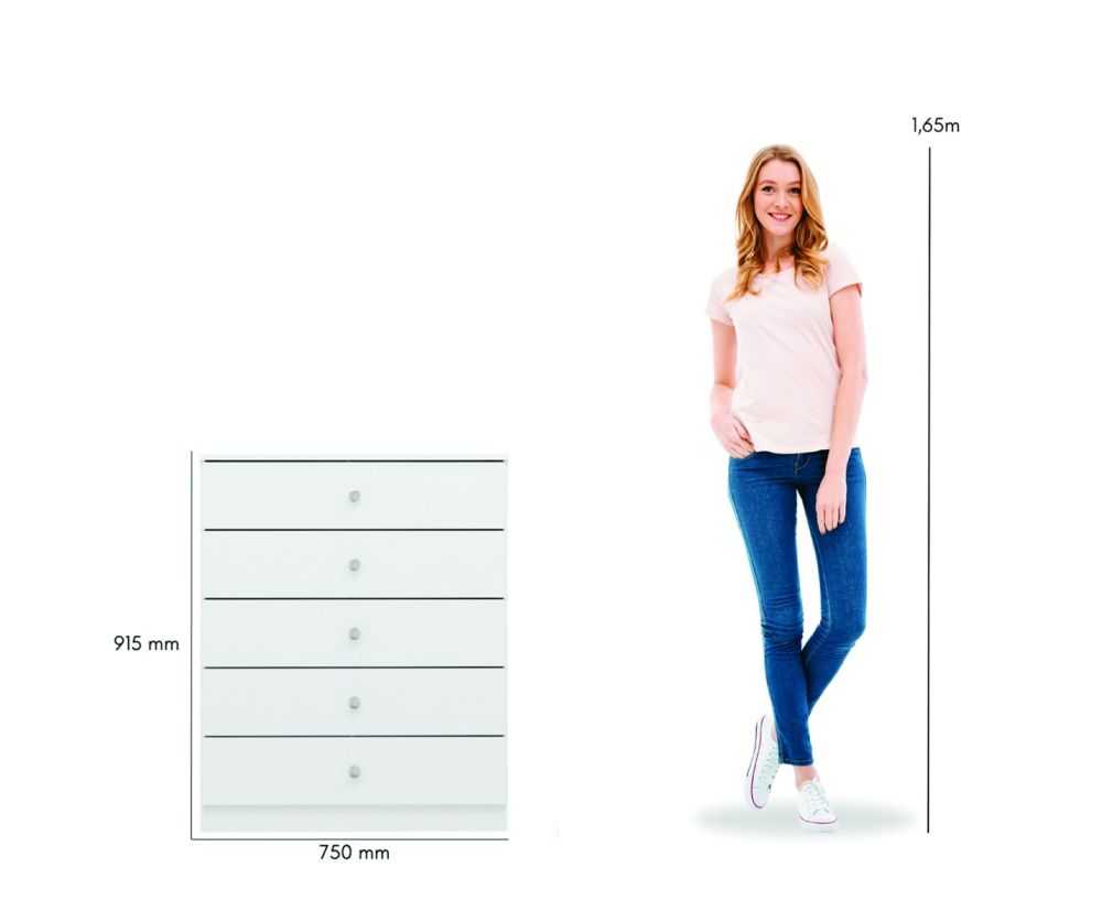  Seconique Furniture Denver White Gloss 5 Drawer Chest