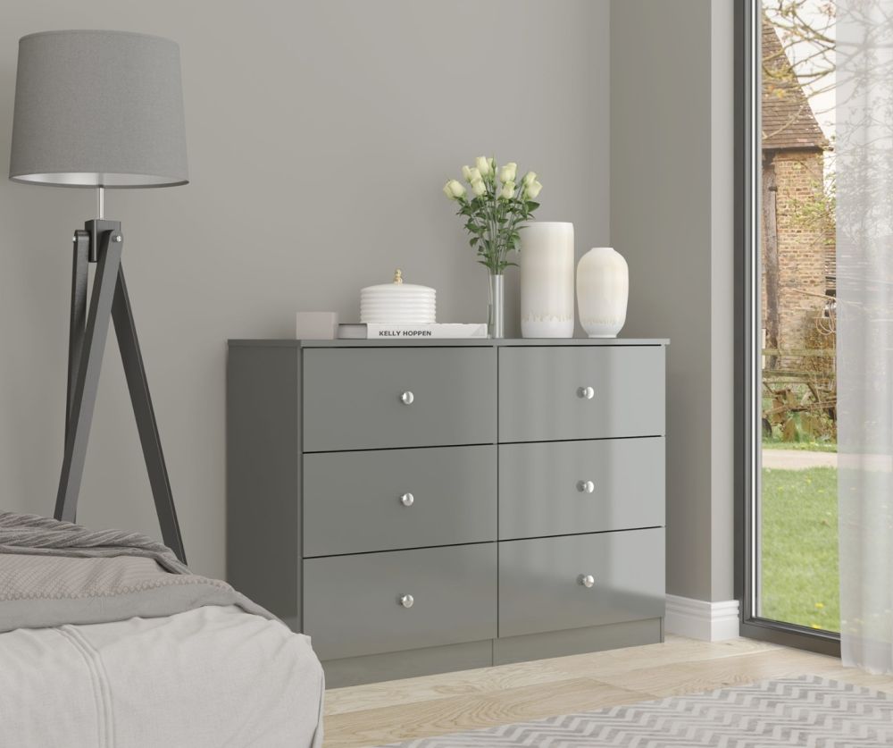  Seconique Furniture Denver Grey Gloss 6 Drawer Chest