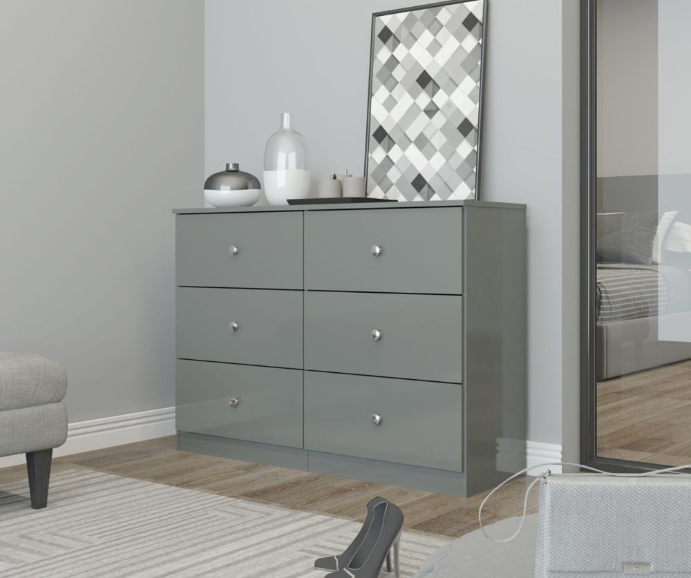  Seconique Furniture Denver Grey Gloss 6 Drawer Chest