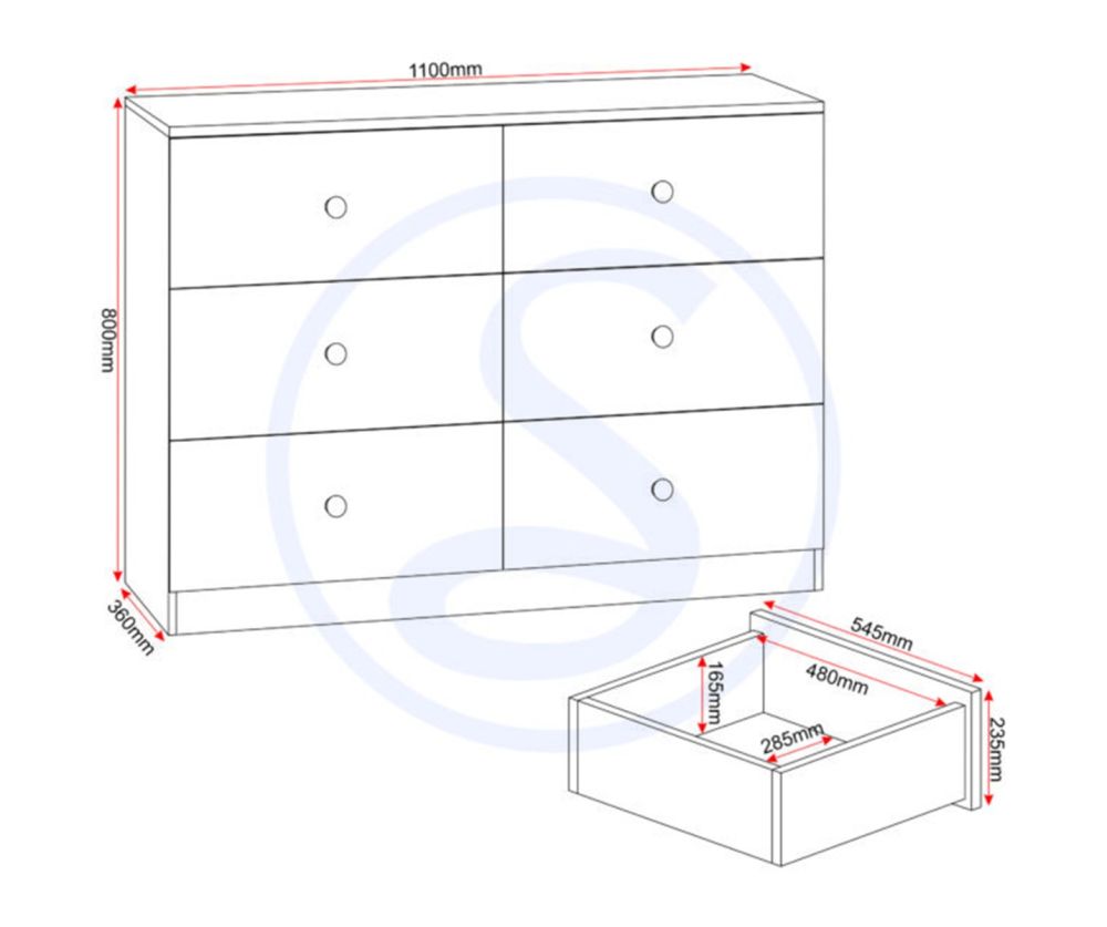  Seconique Furniture Denver Grey Gloss 6 Drawer Chest