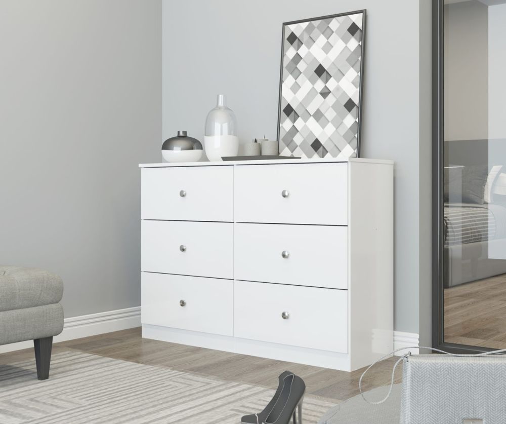  Seconique Furniture Denver White Gloss 6 Drawer Chest