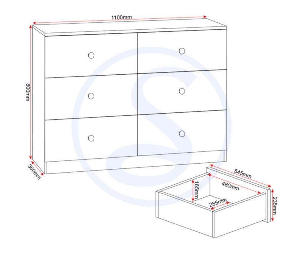  Seconique Furniture Denver White Gloss 6 Drawer Chest