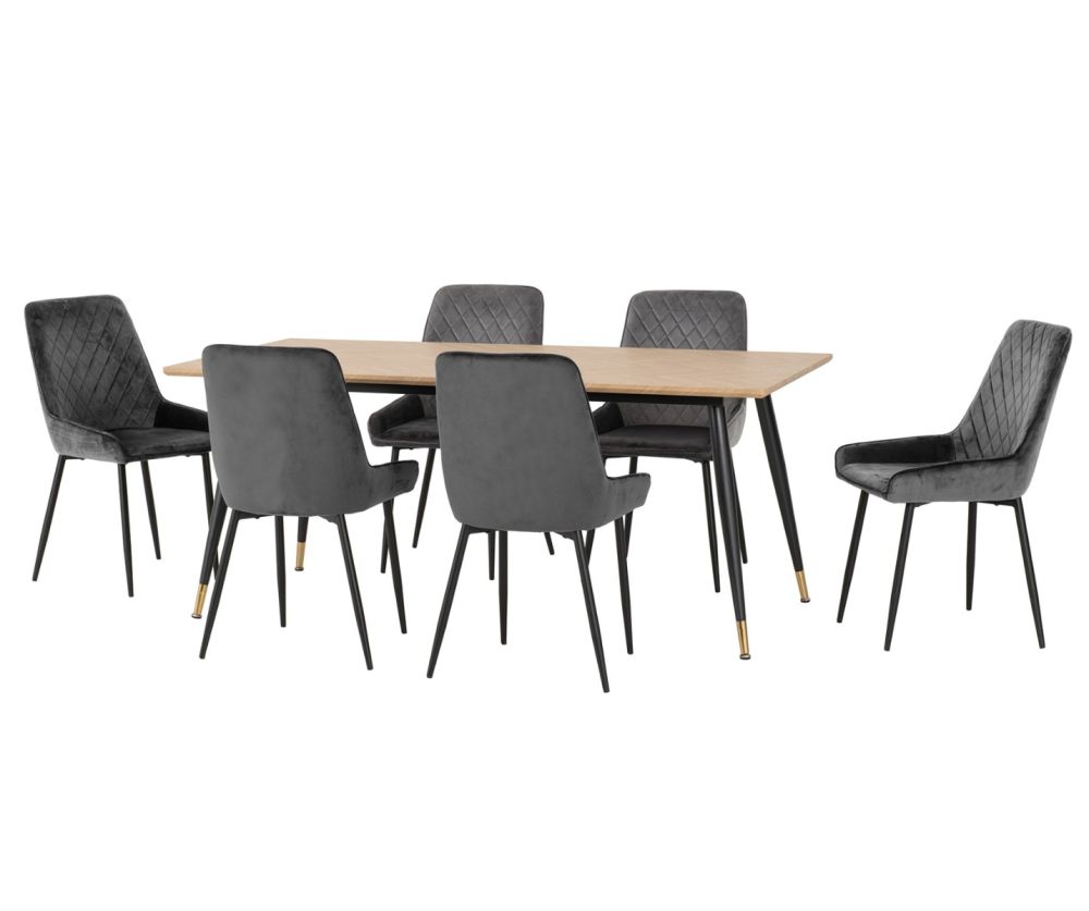 Seconique Furniture Hamilton Large Dining Set - Medium Oak Effect & Avery Emerald Grey Velvet X6 Dining Chairs