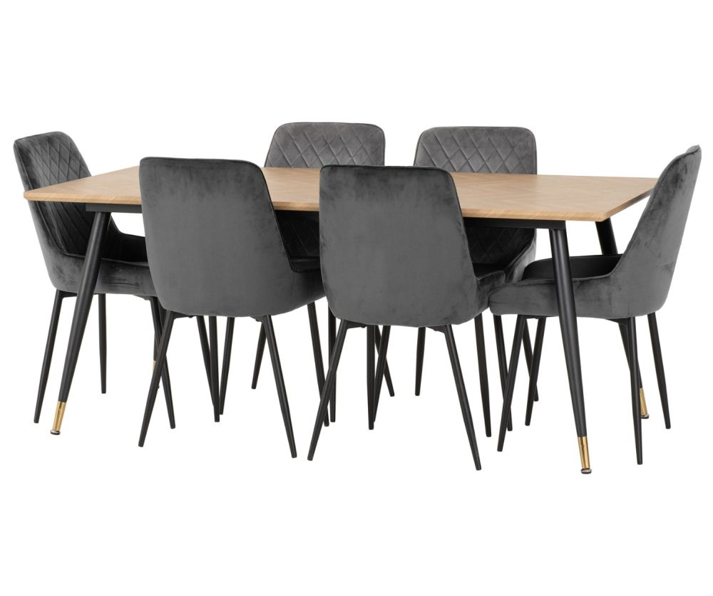 Seconique Furniture Hamilton Large Dining Set - Medium Oak Effect & Avery Emerald Grey Velvet X6 Dining Chairs