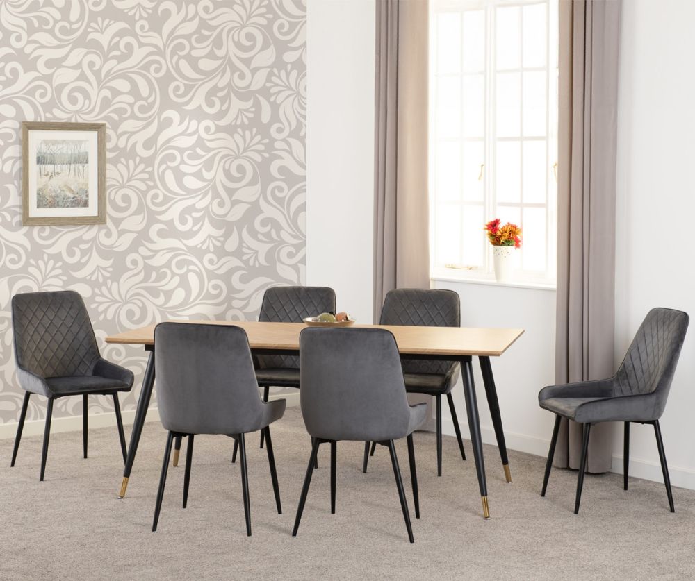 Seconique Furniture Hamilton Large Dining Set - Medium Oak Effect & Avery Emerald Grey Velvet X6 Dining Chairs