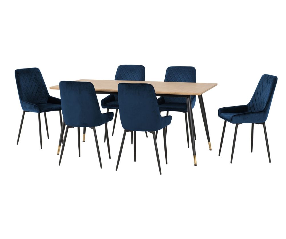  Seconique Furniture Hamilton Large Dining Set with Avery Sapphire Blue Velvet X6 Dining Chairs
