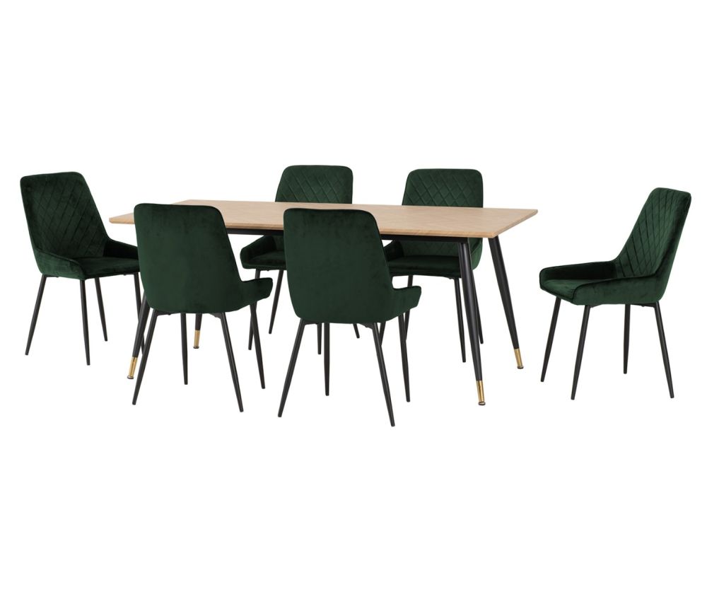Seconique Furniture Hamilton Large Dining Set - Medium Oak Effect & Avery Emerald Green Velvet Dining Chairs