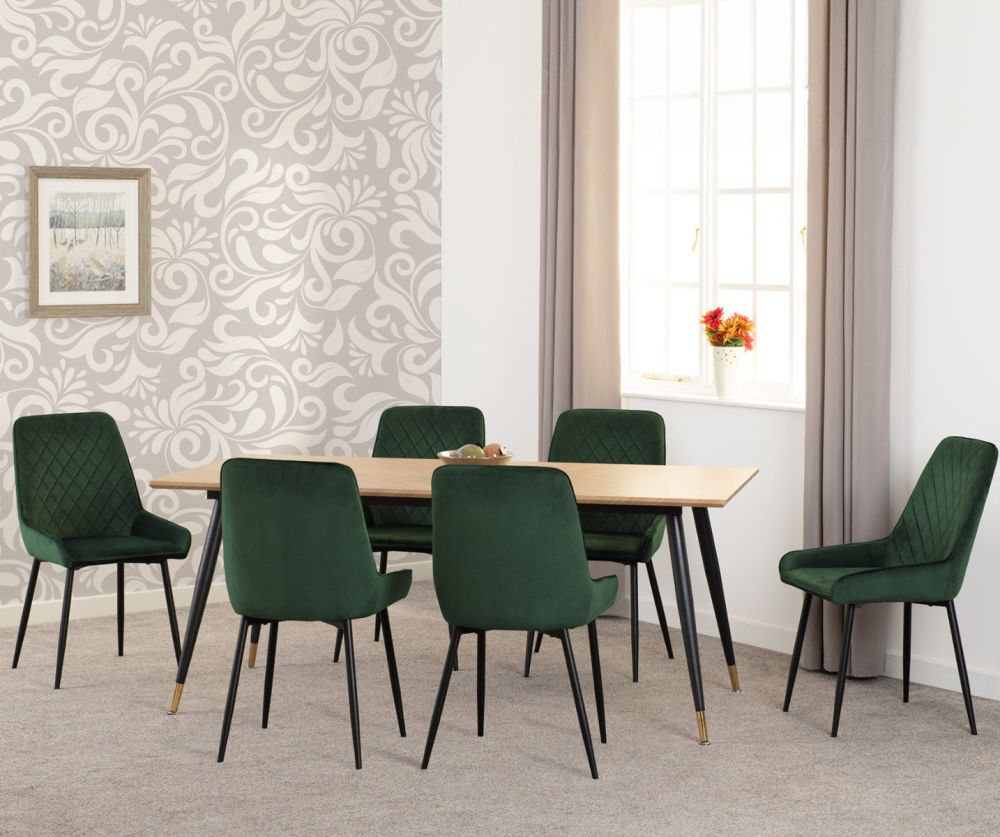 Seconique Furniture Hamilton Large Dining Set - Medium Oak Effect & Avery Emerald Green Velvet Dining Chairs