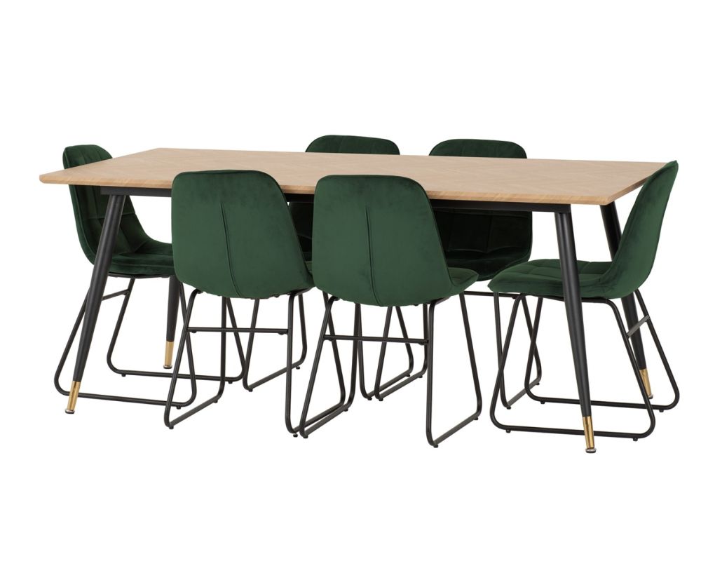Seconique Furniture Hamilton Medium Oak Effect Large Dining Set with Lukas Black and Emerald Green Velvet Dining Chairs