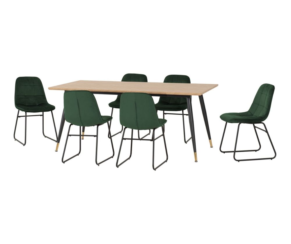 Seconique Furniture Hamilton Medium Oak Effect Large Dining Set with Lukas Black and Emerald Green Velvet Dining Chairs