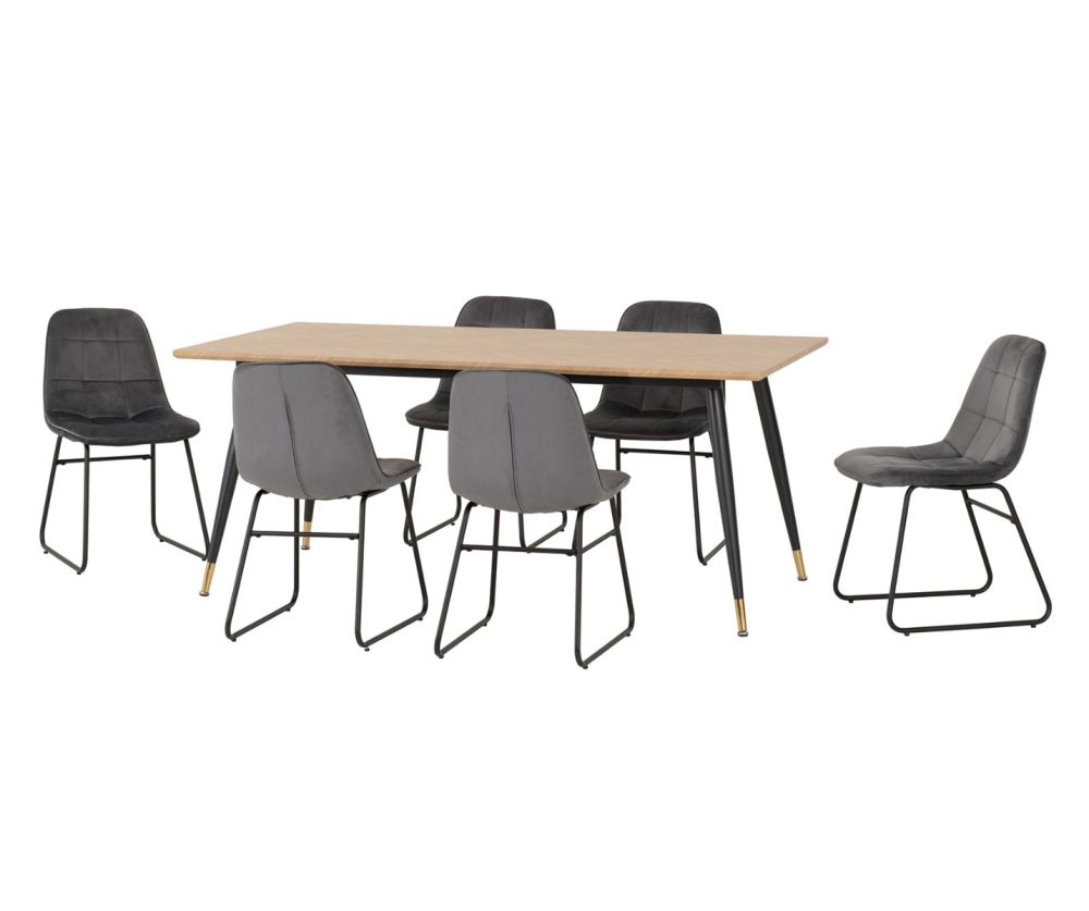 Seconique Furniture Hamilton Large Dining Set – Medium Oak Effect Table and Lukas Grey Velvet Dining Chairs