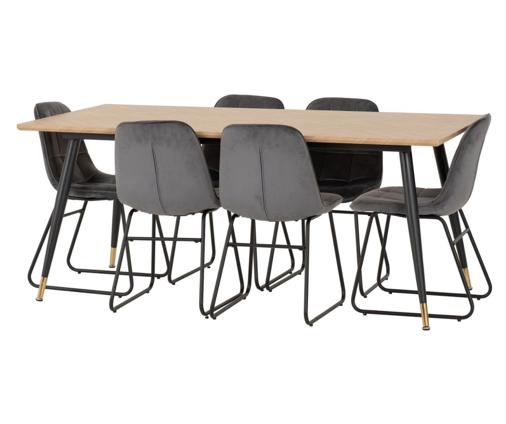 Seconique Furniture Hamilton Large Dining Set – Medium Oak Effect Table and Lukas Grey Velvet Dining Chairs
