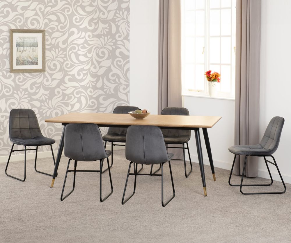 Seconique Furniture Hamilton Large Dining Set – Medium Oak Effect Table and Lukas Grey Velvet Dining Chairs