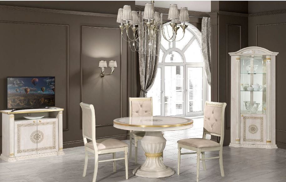 H2O Design Aurora Beige Birch Gold Italian Round Extending Dining Set with Rossella Crystal Back Dining Chairs