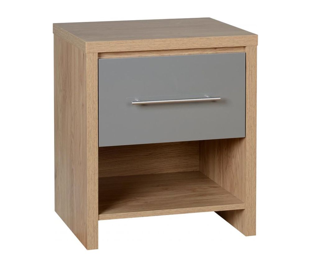 Seconique Seville Light Oak and Grey High Gloss 1 Drawer Bedside
