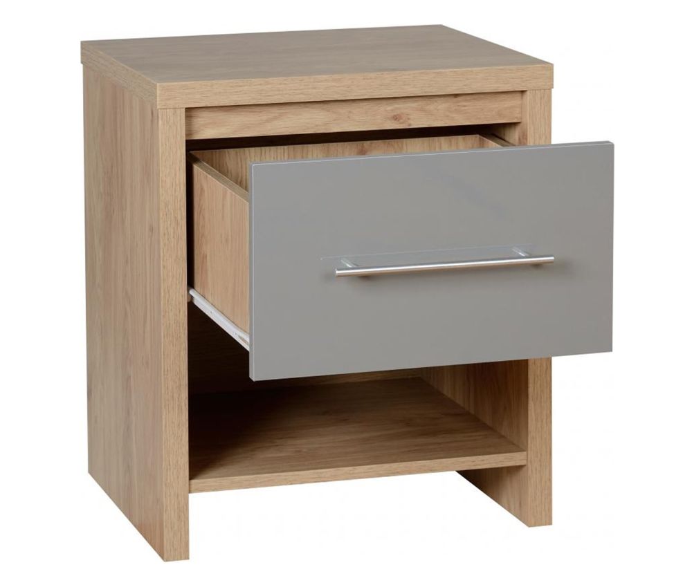 Seconique Seville Light Oak and Grey High Gloss 1 Drawer Bedside
