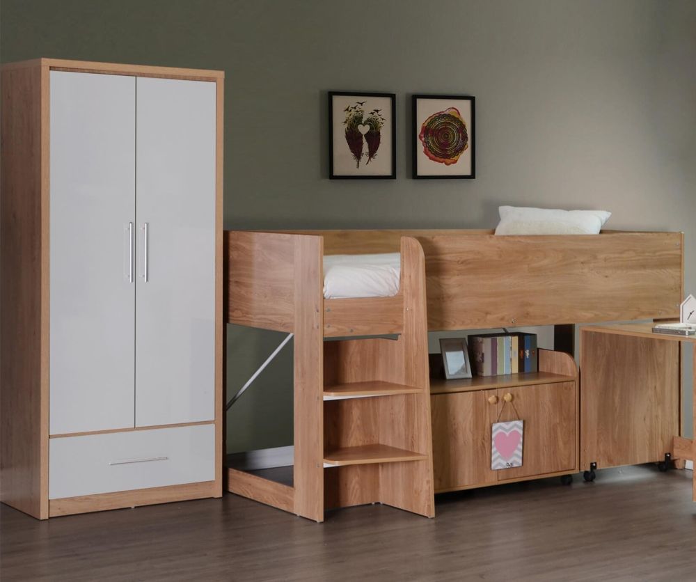 Seconique Seville Light Oak and White High Gloss 2 Door 1 Drawer Wardrobe