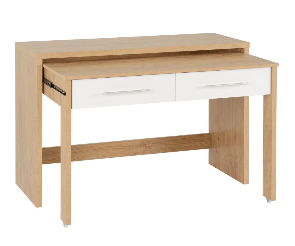 Seconique Seville Light Oak and White High Gloss 2 Drawer Slider Desk