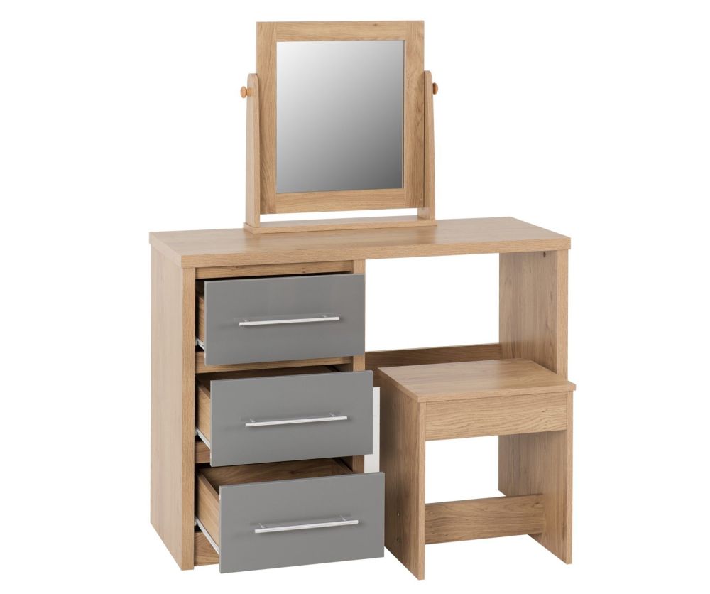 Seconique Seville Light Oak and Grey High Gloss Dressing Table Set 