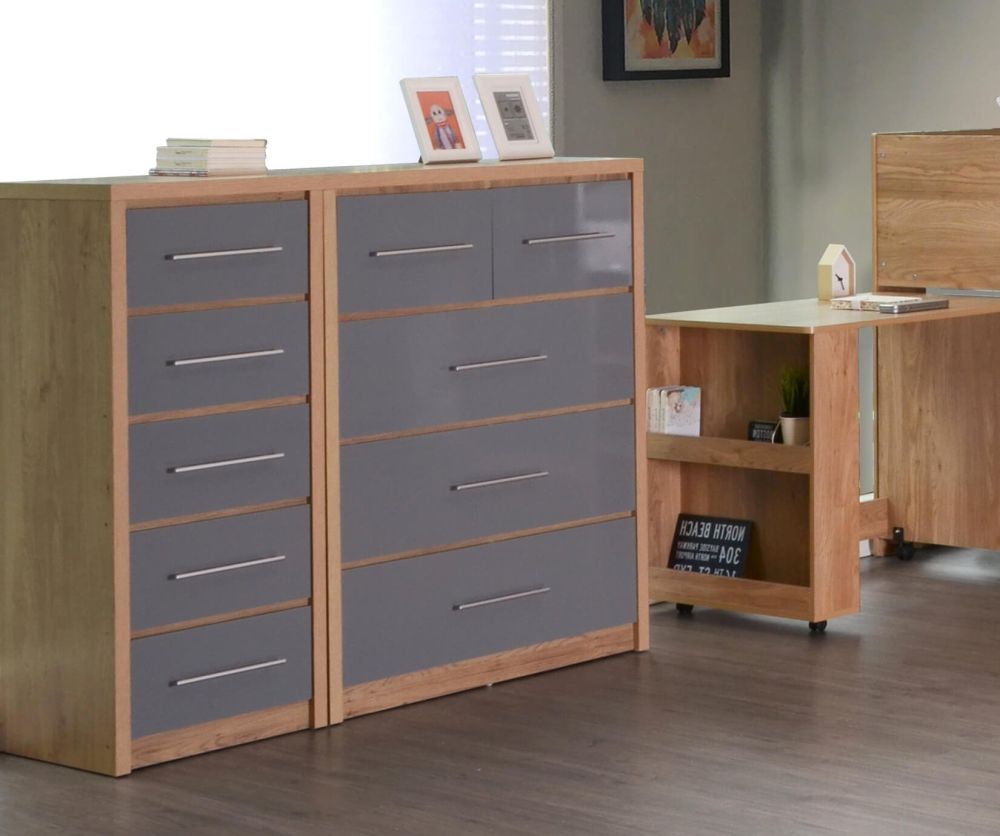 Seconique Seville Light Oak and Grey High Gloss 3+2 Drawer Chest