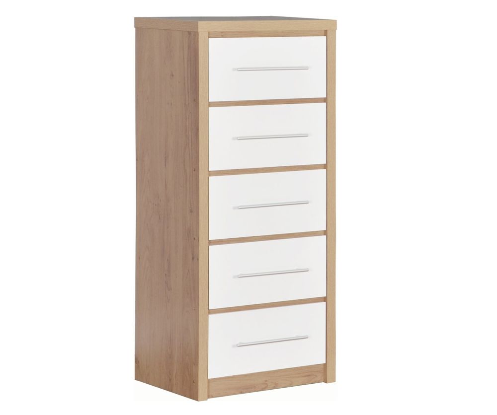 Seconique Seville Light Oak and White High Gloss 5 Narrow Drawer Chest