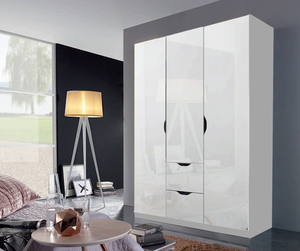Rauch Arnstein Metallic Grey Carcase with High Polish White Front 3 Door 2 Drawer Combi Wardrobe