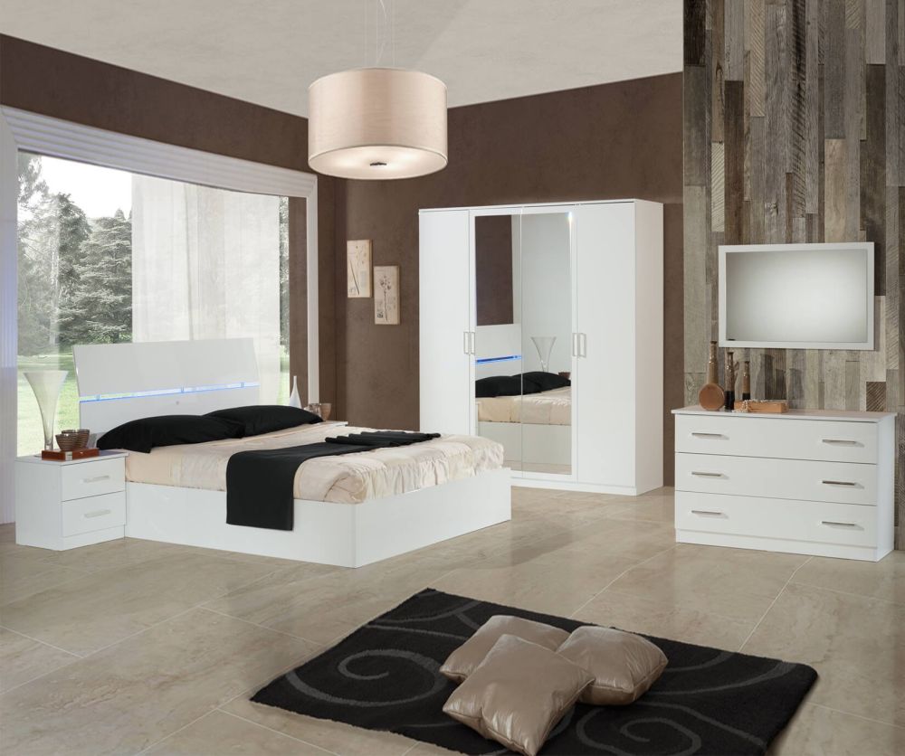 Ben Company Simona White Finish Italian Bed Group Set with 4 Door Wardrobe