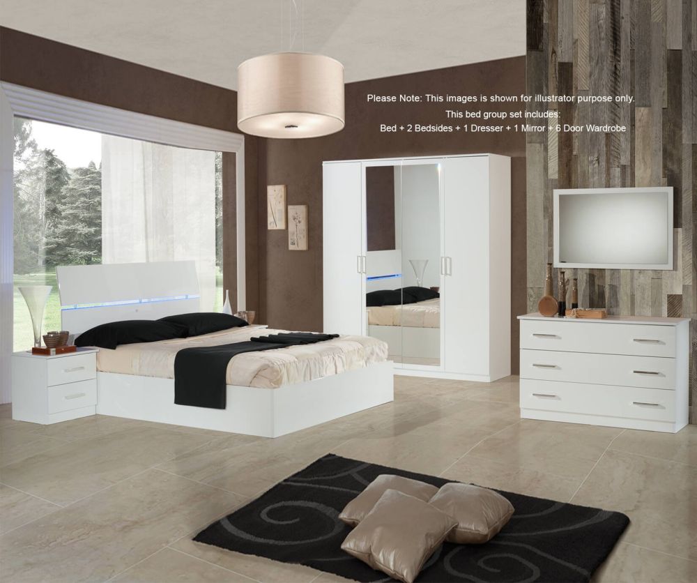 Ben Company Simona White Finish Italian Bed Group Set with 6 Door Wardrobe