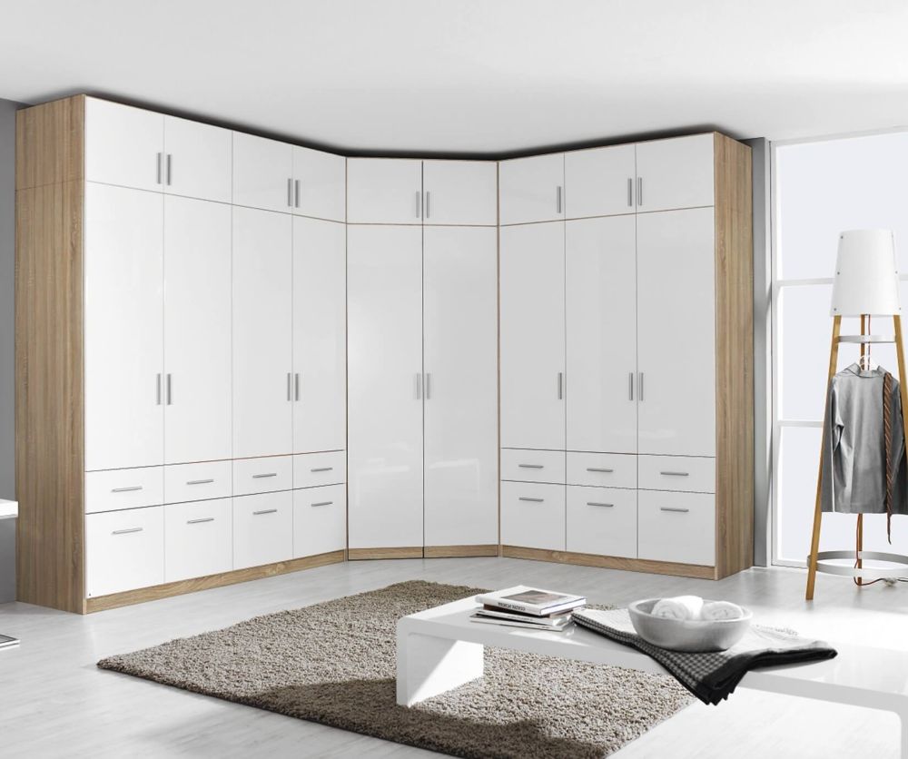Rauch Celle Extra Sonoma Oak with High Gloss White 2 Door 2 Mirror Corner Wardrobe (W117cm)