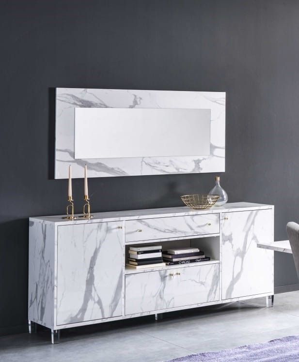 Ben Company Vittoria White Marble Finish Italian 4 Door Sideboard
