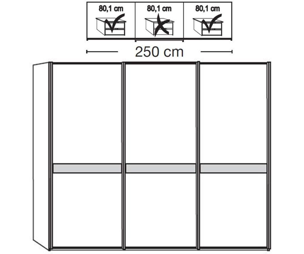 Wiemann Rialto Glass White Front 3 Door 1 Center Mirrored Sliding Door Wardrobe – W250cm