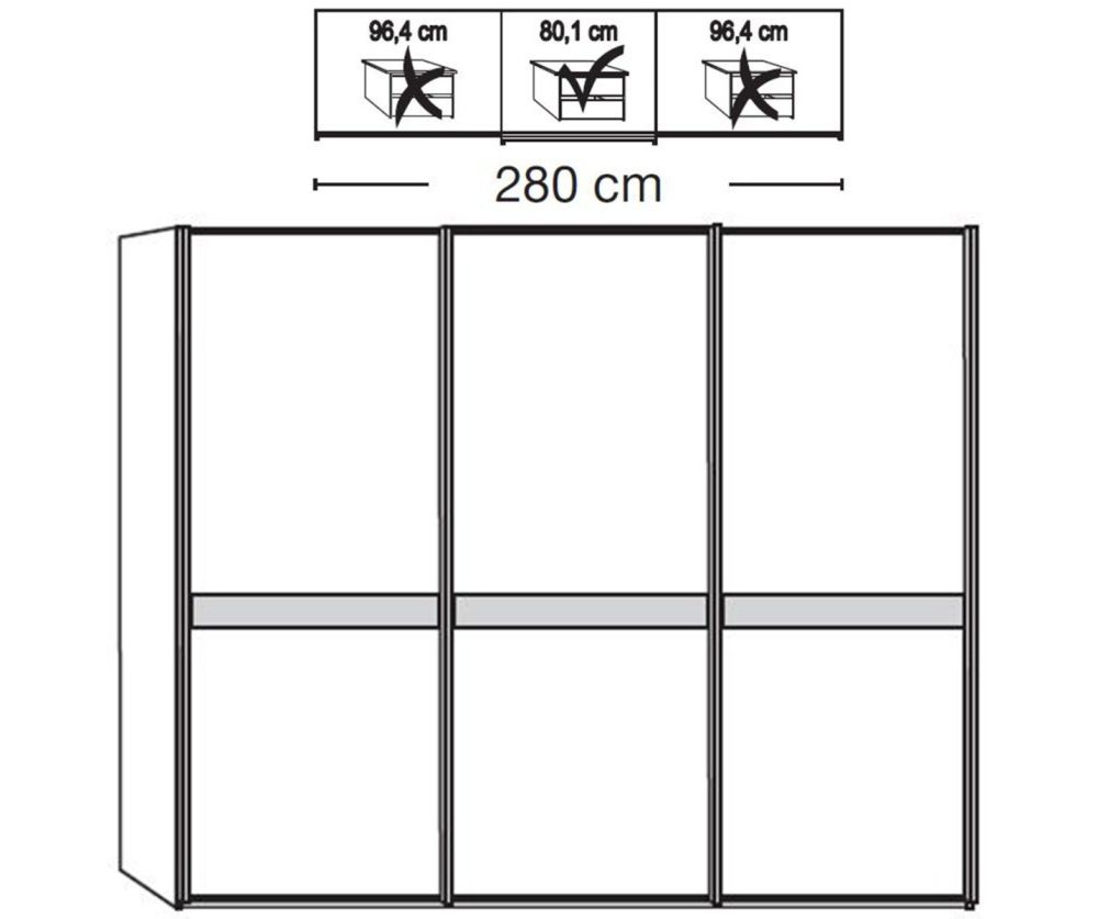 Wiemann Rialto Glass Pebble Grey Front 3 Door 1 Center Mirrored Sliding Door Wardrobe – W280cm