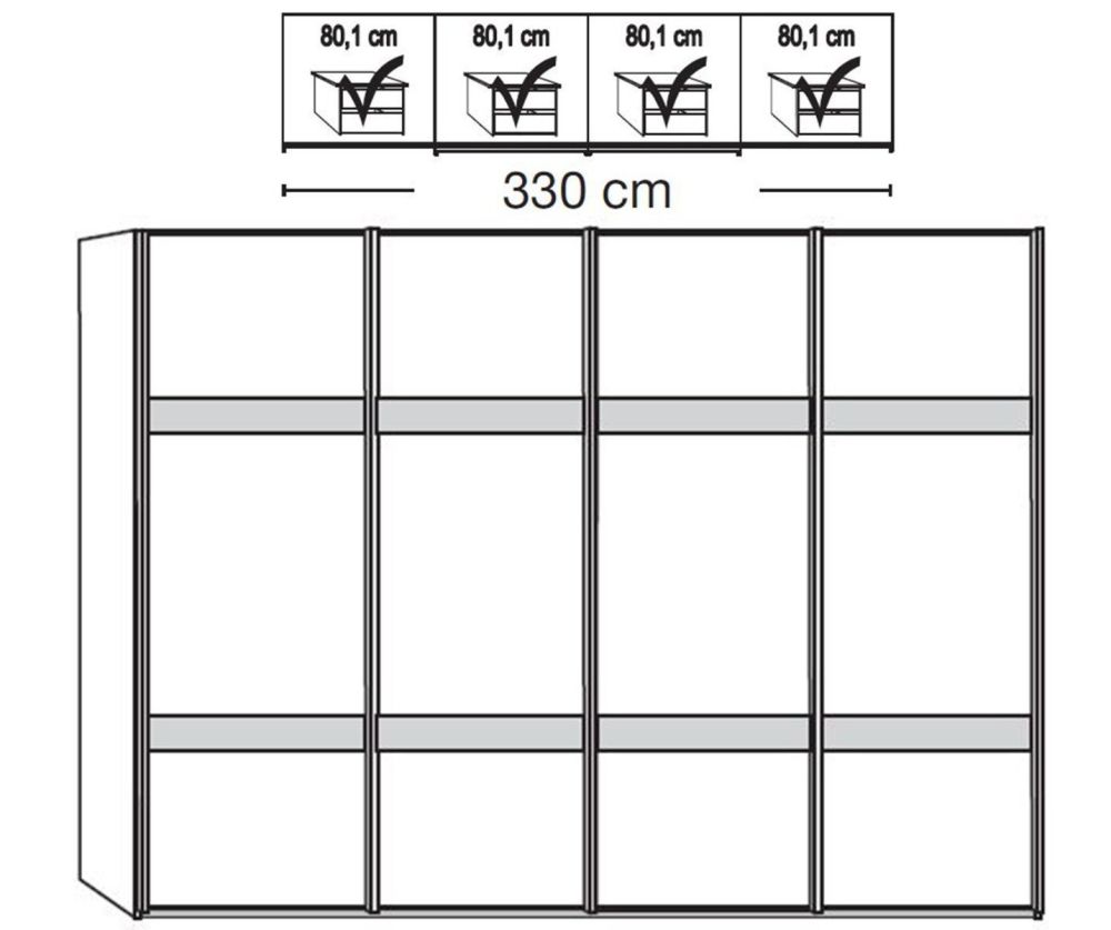 Wiemann Rialto Glass White 4 Door Sliding Wardrobe With 2 Cross Trims – W330cm