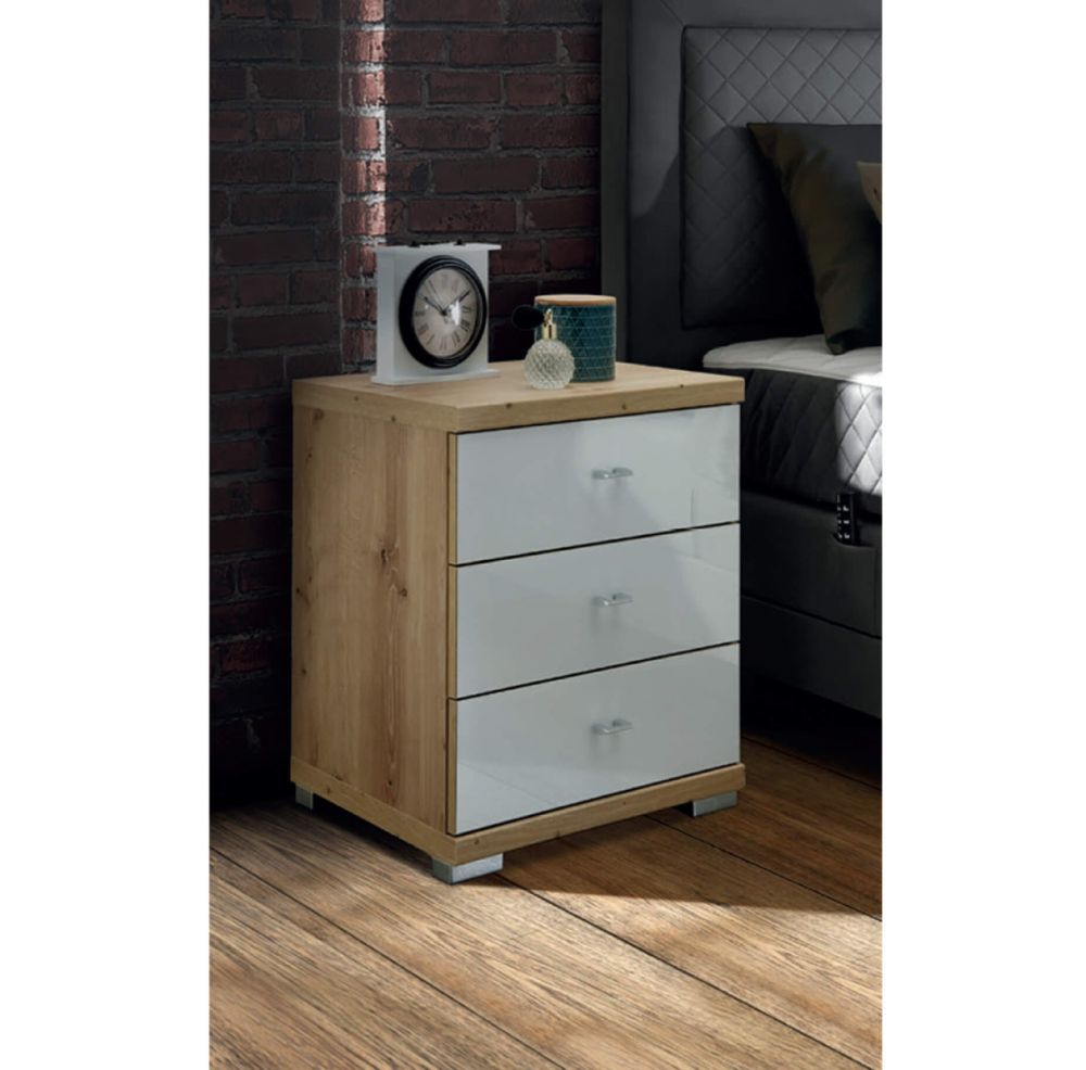 Wiemann Arco Bianco Oak Carcse with White Front 3 Drawer Bedside 