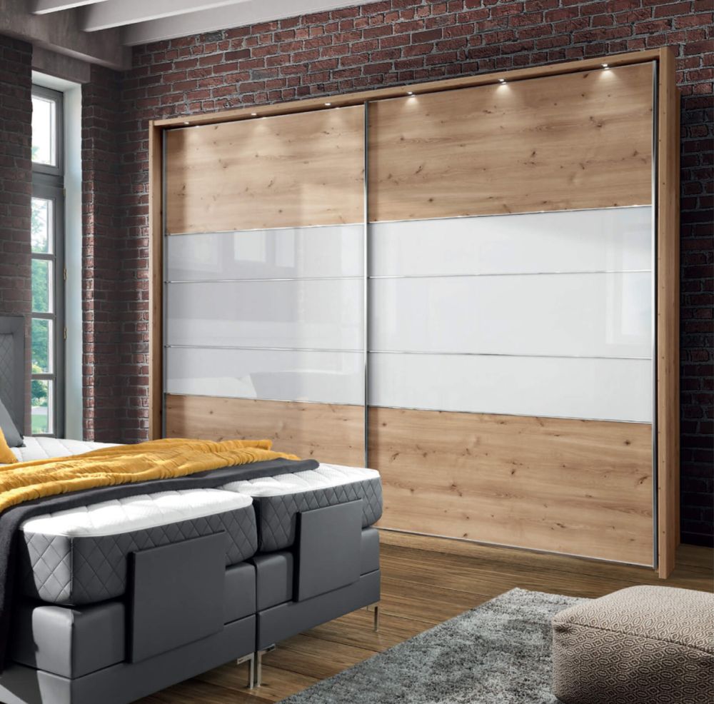 Wiemann Arco Bianco Oak Carcase with White Front 2 Door Sliding Wardrobe-W300cm