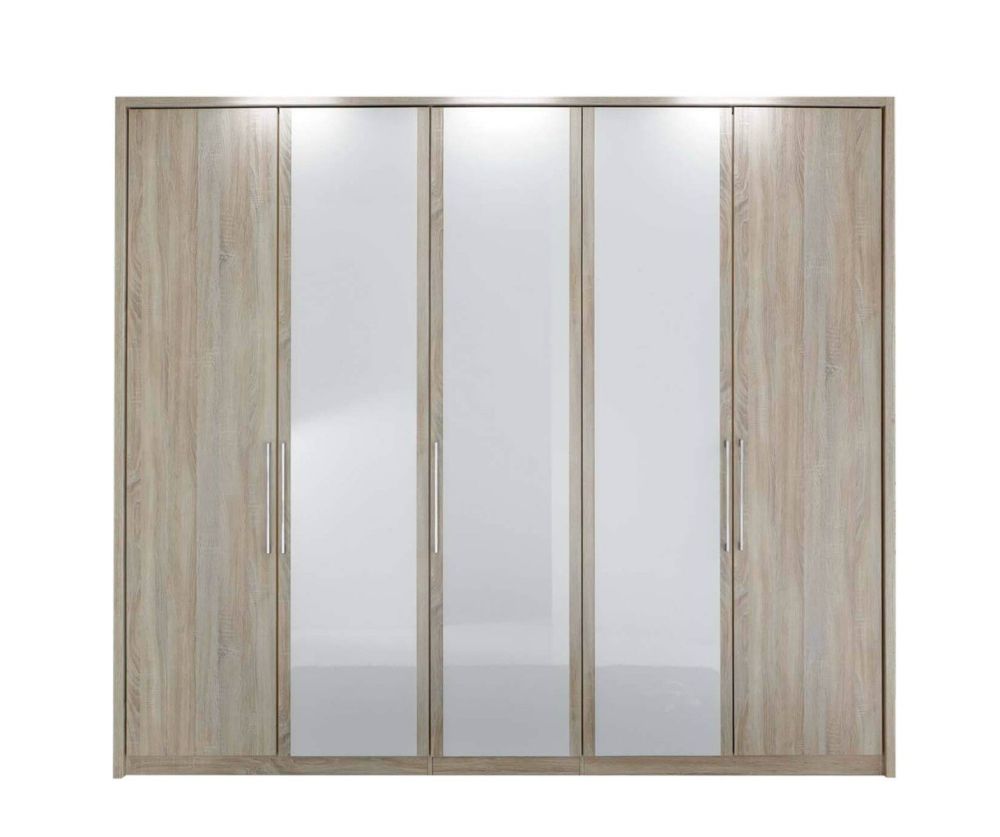 Wiemann Berlin 5 Door Wardrobe in Oak and White Glass - W 250cm