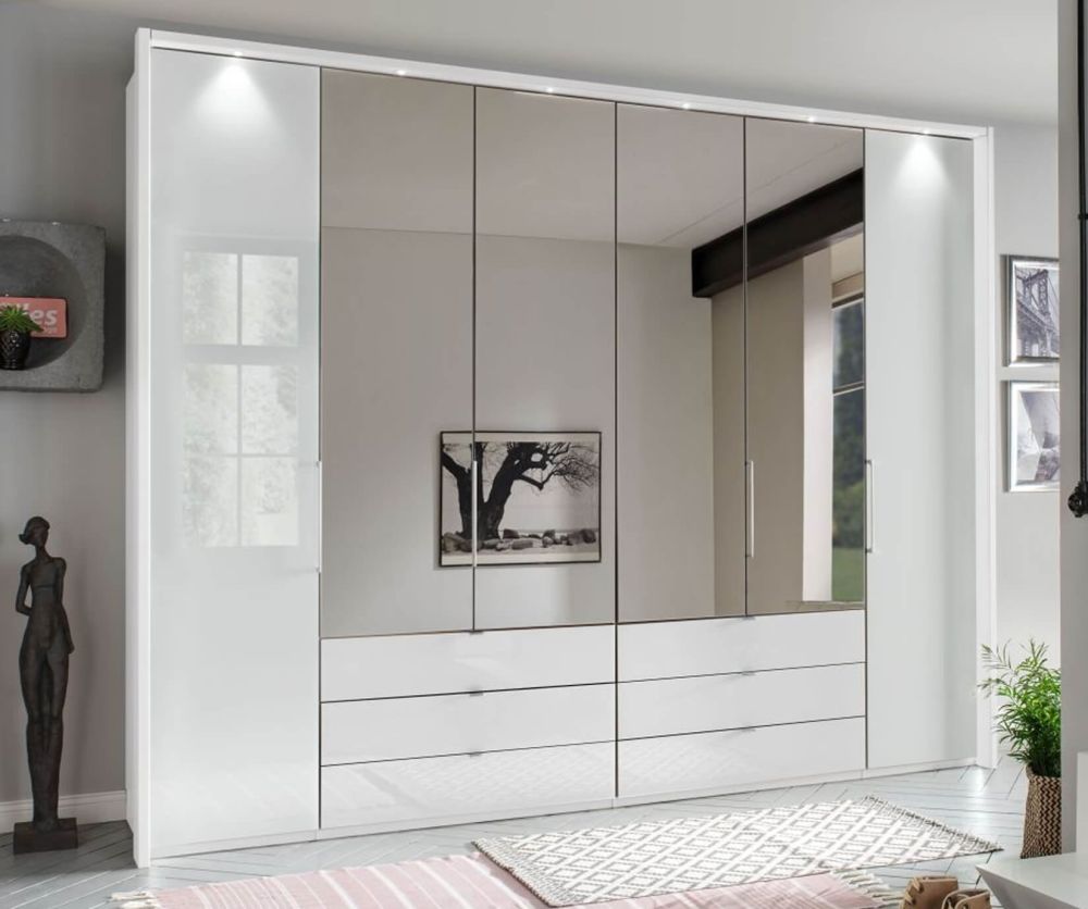 Wiemann Kansas 6 Door 6 Drawer Wardrobe with White Glass Front and 4 Centre Crystal Mirror - W 250cm