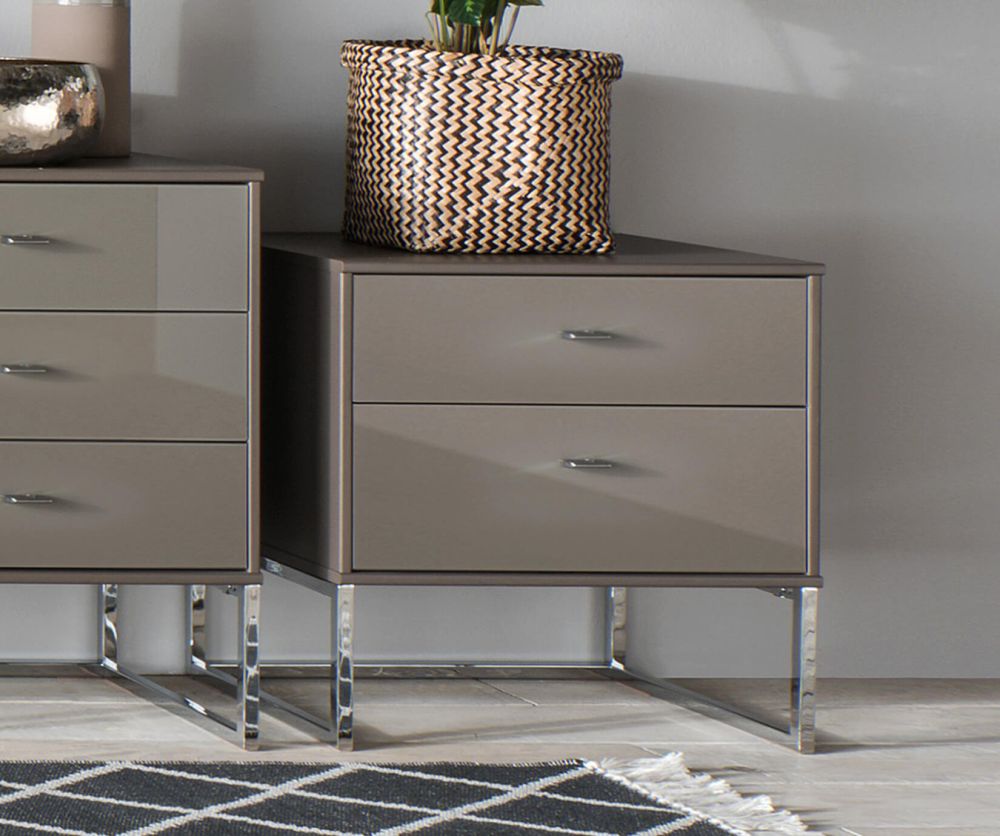 Wiemann Kansas 2 Drawer Bedside Cabinet with Havana Glass Drawer and Chrome Angled Feet - W 40cm