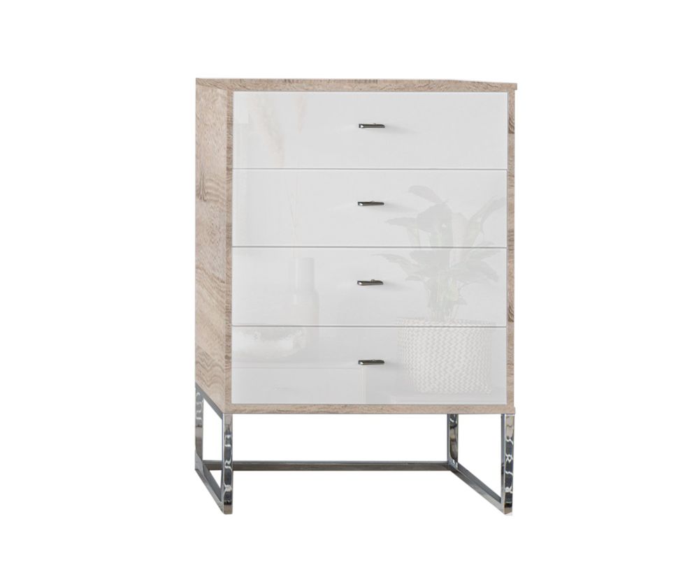 Wiemann Kansas 2 Door 5 Drawer Dresser with White Glass Front and Chrome Angled Feet - H 105cm