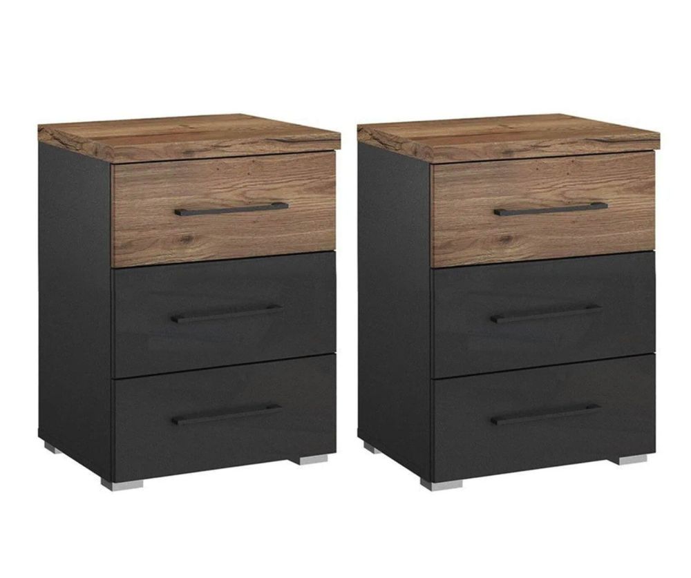 Rauch Winnipeg Metallic Grey Carcase with High Polish White Front 3 Drawer Bedside Table in Pair