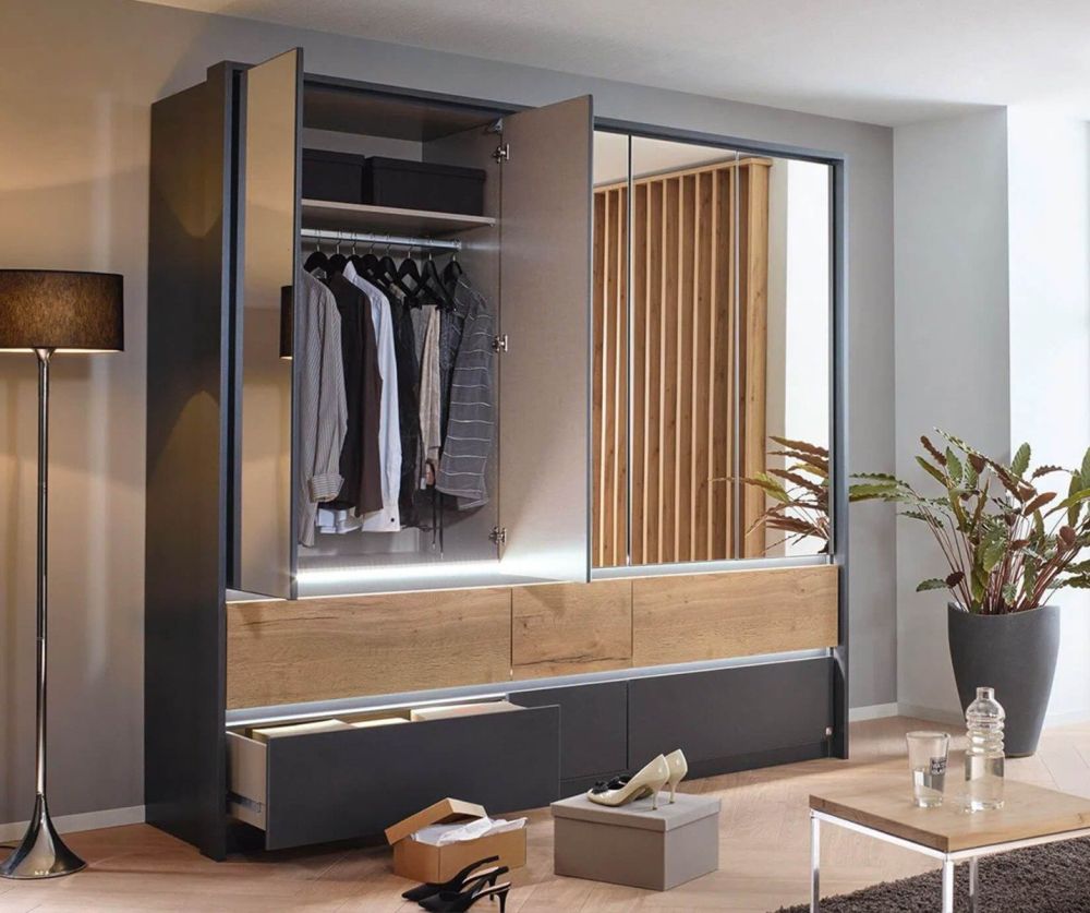 Rauch Winnipeg Metallic Grey 5 Door 5 Mirror Combi Wardrobe with Drawers